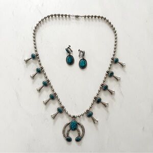 Vintage Silver Toned Faux Turquoise Cabochon Squash Blossom Necklace & Earrings